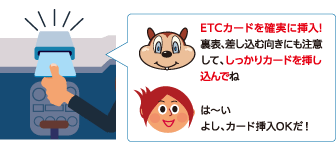 ETCカードを確実に挿入!裏表、差し込む向きにも注意して、しっかりカードを挿し込んでね は〜い よし、カード挿入OKだ!